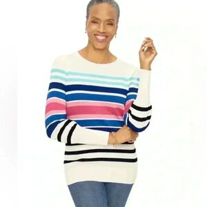 Talbots Puff Sleeve Stripe Sweater Cotton Blend Large Petite